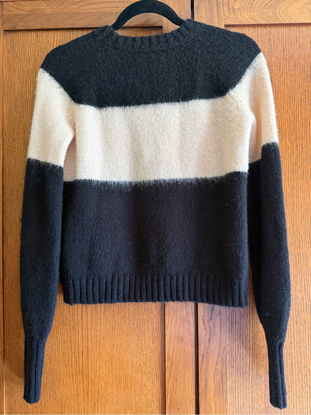 All Saints Black and Cream Striped Crewneck Sweater